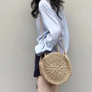 Getaway Round Straw Crossbody Bag Beige